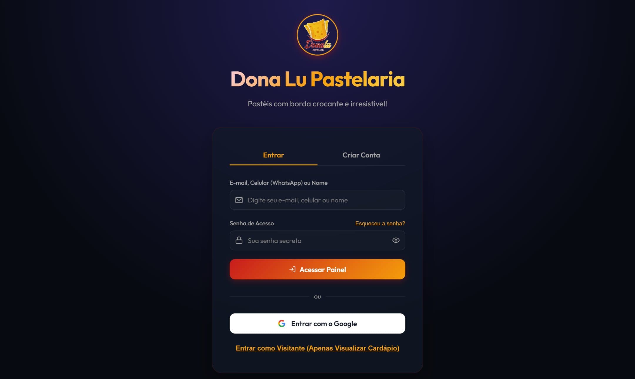 Tela de entrada da Dona Lu Pastelaria