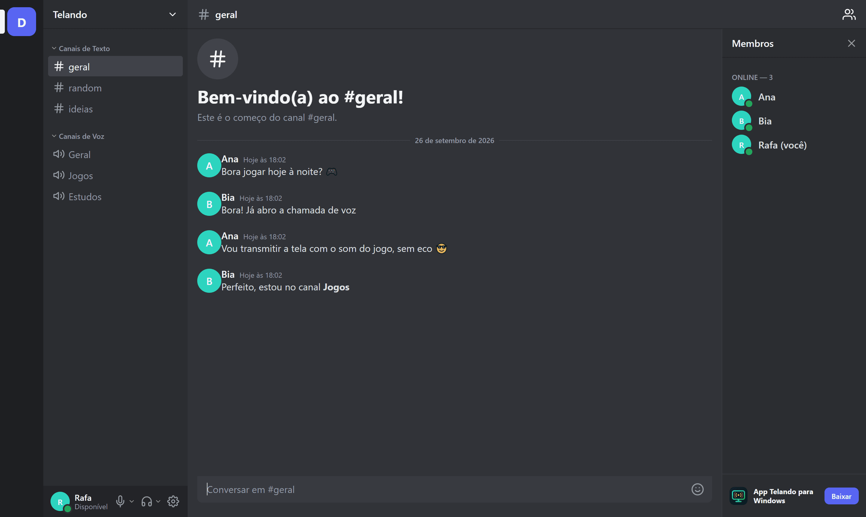 Tela do Telando com chat, canais e lista de membros